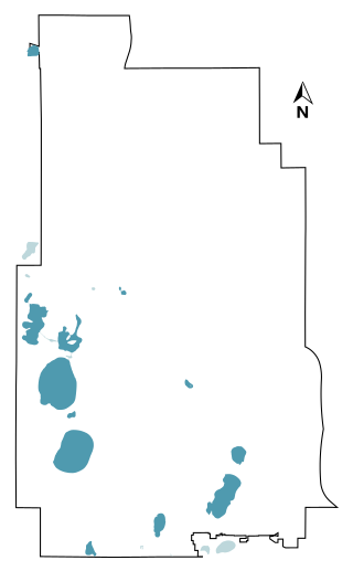 Lakes, in blue, against a white background with the outline of Minneapolis in black