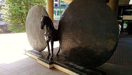 Union (Horse with Two Discs), a public sculpture by Christopher Le Brun outside the main entrance to the former Barbican site.