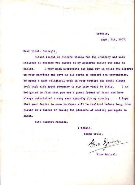 Letter from Vice Admiral Ijūin Gorō to Italian Royal Navy Lieutenant Ernesto Burzagli thanking him for courtesies extended to the Imperial Japanese Na