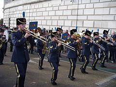 The band of the Royal Air Force wearing number 9 Service Dress, as worn with a busby before 2012