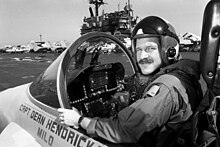 Lieutenant Commander Fox after recording first Iraqi MiG shoot down by coalition forces during Operation Desert Storm Lt. Cmdr. Mark Fox of Strike Fighter Squadron 81 sits in the cockpit of the FA-18C Hornet aircraft that he was flying when he became the first coalition pilot to shoot down an Iraqi MiG aircraft.jpg