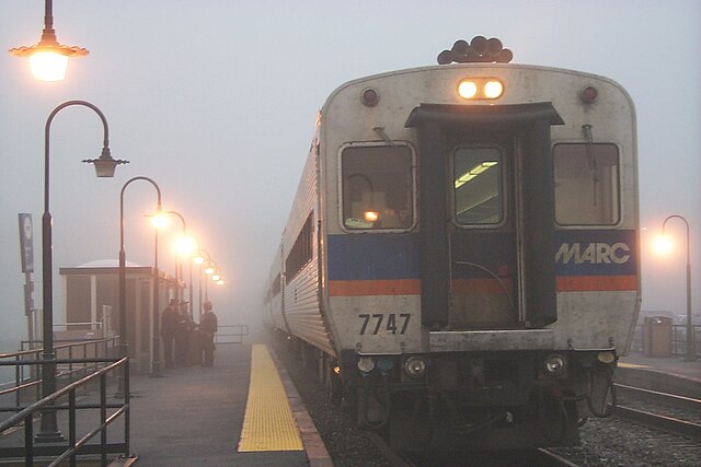 MARC train on a foggy morning at Brunswick, Maryland