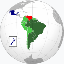 濃い緑：正加盟国、薄い緑：準加盟国、赤：加盟資格停止国、青：オブザーバー