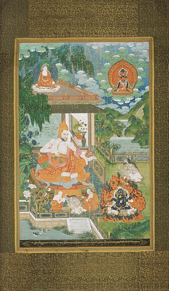 Ācārya Bhāviveka Converts a Nonbeliever to Buddhism, Gelug 18th-century Qing painting in the Philadelphia Museum of Art