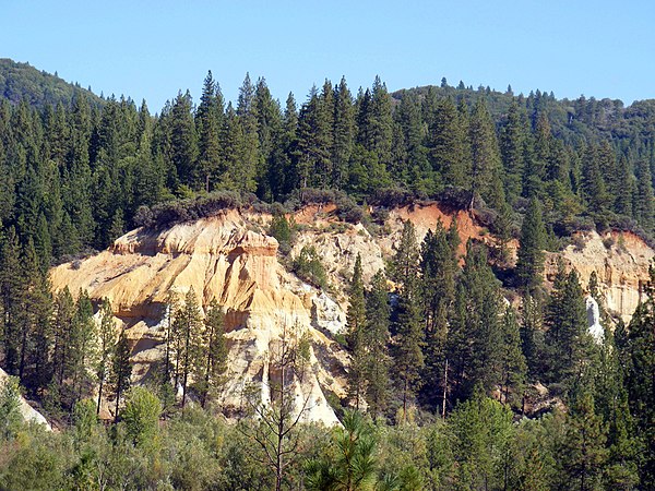 The Malakoff Diggins, California, showing the effects of hydraulic mining on a hillside over a century later. Much of the effects of the mining was be