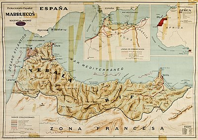 Map of the Spanish Morocco in 1925, showing the Tangier zone in dark brown color Mapa del Protectorado Espanol en Marruecos (1924).jpg