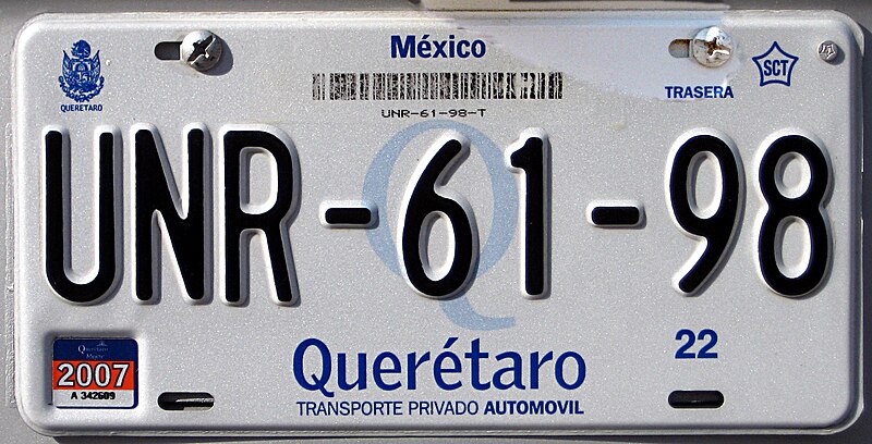 File:Matrícula automovilística México 2005 Querétaro UNR-61-98.jpg