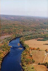 Delaware River above Walpack Bend, where it leaves the buried valley eroded from Marcellus Shale bedrock Middle Delaware River above Walpack Bend.jpg