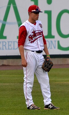 Outfielder Mike Meyers with the Class A Short Season Lowell Spinners in 2014