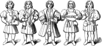 The Minstrels of Beverley. Woodcut of 16th-century English musicians. Left to right: pipe and tabor, fiddle, windcap instrument, lute, and shawm. Minstrelsofbeverley.gif