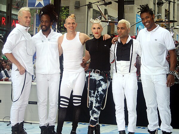 No Doubt and its session/touring musicians on Today in 2009. From left to right: Tom Dumont, Stephen Bradley, Adrian Young, Gwen Stefani, Tony Kanal a