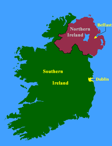 The island of Ireland after partition between the primarily Irish nationalist Southern Ireland (today the Republic of Ireland) and the Irish unionist-majority Northern Ireland (today part of the United Kingdom of Great Britain and Northern Ireland). Northern and Southern Ireland.png