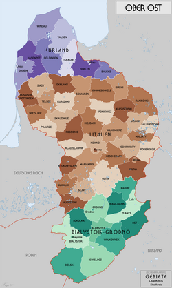 德意志東部領地的行政地圖   庫爾蘭區（Kurland）   立陶宛區（Litauen）   比亞韋斯托克區（Bialystok-Grodno）
