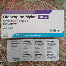 Olanzapine (Zyprexa), a second-generation antipsychotic medication that may be prescribed for postpartum psychosis Olanzapine Mylan 10mg comprimes pellicules.jpg