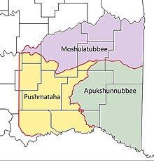 Moshulatubbee District covered the upper one-third of the Choctaw Nation. Old Choctaw Nation Districts.jpg