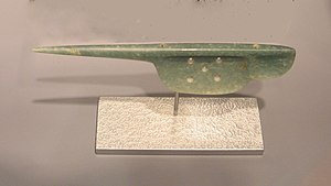 Olmec-style jadeite "spoon", believed to be a perforator, from Guerrero. 1500-300 BC Olmec bloodletting spoon.jpg