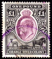 A used PS1 1903 Orange River Colony revenue stamp. Orange River Colony PS1 stamp.jpg