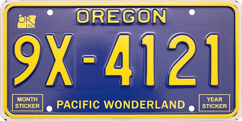 File:Oregon Undated Sesquicentennial Passenger License Plate with 9X Prefix.jpg