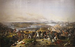 An 1843 painting imagining Russian general Pyotr Bagration, giving orders during the Battle of Borodino (1812) while wounded Peter von Hess 002.jpg