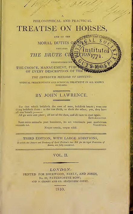 Title page of 3rd edition (1810) of John Lawrence's "A Philosophical and Practical Treatise on Horses"