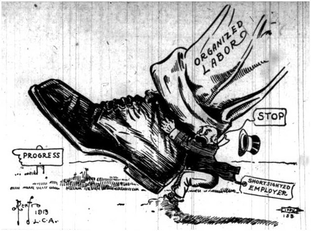 Political cartoon showing organized labor marching towards progress, while a shortsighted employer tries to stop labor (1913)