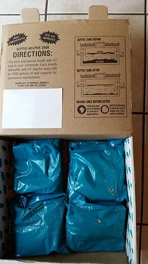 This box of additives is meant for septic tanks. It instructs users to add one of the blue packets of powdered material each month. PowderedPitAdditive.jpg