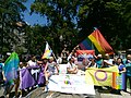 علم Labrys في حقوق المثليين في صربيا ، بلغراد ، صربيا ، 2019