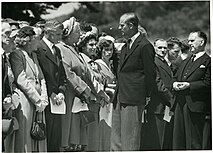 Prince Philip, Duke of Edinburgh, Karori Cemetery, 31 December 1953, a week after the Tangiwai disaster. Prince Philip, Karori Cemetery, 1953.jpg