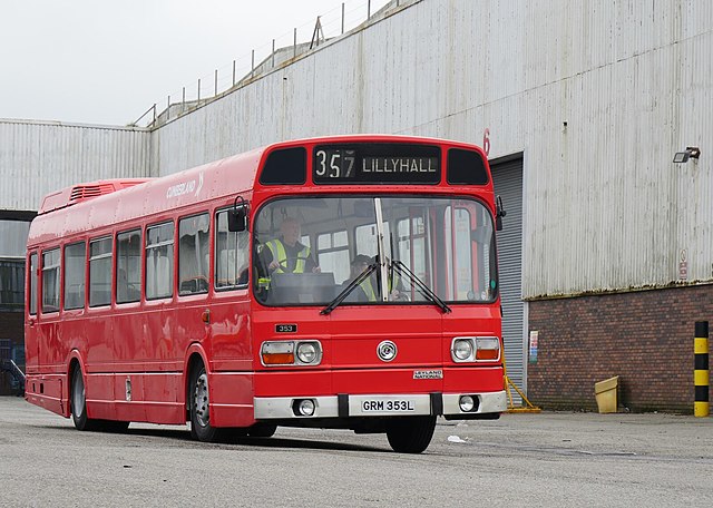 Preserved NBC Cumberland Leyland National, the earliest surviving National produced, outside the former British Leyland Lillyhall factory in May 2022