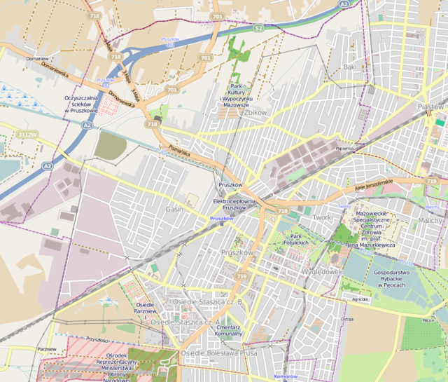 Mapa konturowa Pruszkowa, blisko centrum na lewo u góry znajduje się punkt z opisem „Kościół Niepokalanego Poczęcia Najświętszej Maryi Panny”