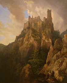 Peinture représentant une construction en pierre avec une tour en ruine au sommet d'une montagne. Trois personnes marchent le long d'une falaise en bas de la construction. Le ciel est rempli de nuages.