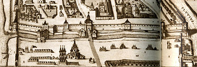 Red Square, early 17th-century. Fragment from Blaeu Atlas. The structure with three roof tents in the foreground left is the originally detached belfry of the Trinity Church, not drawn to scale. Trinity Church stands behind it, slightly closer to the road starting at St. Frol's (later Saviour's ) Gate of the Kremlin. The horseshoe-shaped object near the road in the foreground is Lobnoye Mesto. Red Square, Blaeu Atlas 1613.jpg