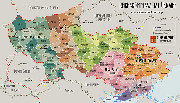 Map of the Reichskommissariat Ukraine superimposed with outline of modern-day Ukraine