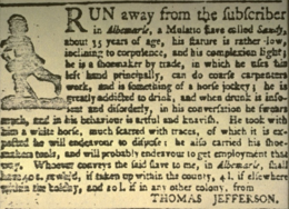 Advertisement placed by Jefferson in the Virginia Gazette offering a reward to whoever returns his escaped slave, 1767. Run away from the subscriber - Thomas Jefferson.png