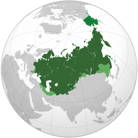 Russisches Kaiserreich mit Einflusszonen (hellgrün) 1865