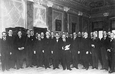 Delegation of the National Council of the State of Slovenes, Croats and Serbs led by Ante Pavelić reading the address in front of regent Alexander, 1 December 1918