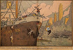 Illustration depicting anti-Nazi demonstrators attacking Bremen docked in New York Harbor, United States on 26 July 1935. SS Bremen incident illustration.jpg