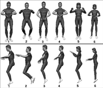 Neutral body postures for six crew members from Space Shuttle mission STS-57 STS-57 crew member neutral body postures.png