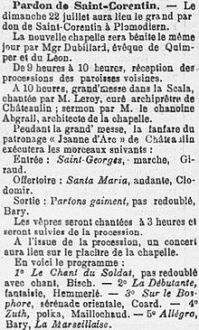 Le programme du pardon inaugural de la nouvelle chapelle Saint-Corentin (22 juillet 1900)