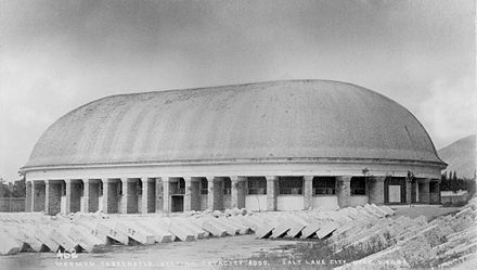 The Salt Lake Tabernacle, taken in the 1870s as part of a series of photos for the Denver & Rio Grande Railroad (established in 1870), showing granite blocks for the construction of the Salt Lake Temple (completed in 1893).