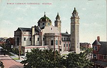 Original view of the cathedral prior to the dome collapse, as seen from the northeast Seattle - St. James - early postcard.jpg