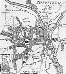 Map of Sheffield in 1736. St Paul's is numbered "2", towards the south west of the map. Shef1736.jpg