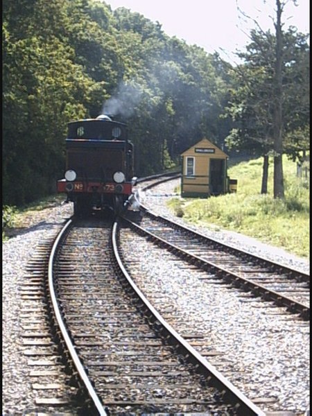 Steam engine running around its train.