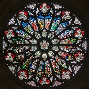 Left rose window of the Gedächtniskirche der Protestation in Speyer, Germany, also called Märtyrerfenster (“Window of the martyrs”).