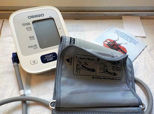 Sphygmomanometer, automatic blood pressure monitor. Oscillometric measurements, millimeter of mercury (mmHg) unit.