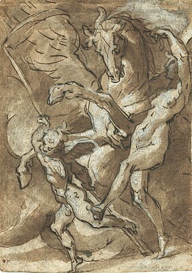 Bartholomeus Spranger, Philyra retenant Saturne (Cronos) transformé en cheval ailé, Cupidon tenant une faux au premier plan.