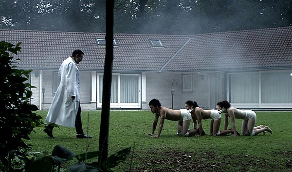 Heiter attempts to "train" his completed human centipede. The use of bandages in The Human Centipede allowed the filmmakers to imply a more graphic an