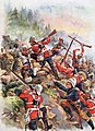 Deuxième guerre anglo-afghane, bataille de Peiwar Kotal (victoire britannique, novembre 1878). Les soldats du King's Own Royal Regiment montent à l'assaut des hauteurs de la passe de Peiwar Kotal. Les Martini-Henry sont fidèlement représentés : levier de sous-garde, pas de chien externe.