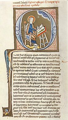 13th-century manuscript of the Vulgate, showing John writing his first letter. Stralsund schreiber.jpg