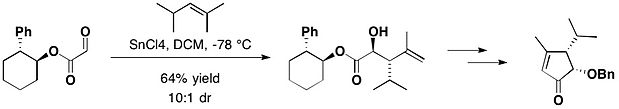 The glyoxylate reacted with 2,4-dimethyl-2-pentane with trans-2-phenylcyclohexanol as a chiral auxiliary TPC 2.jpg